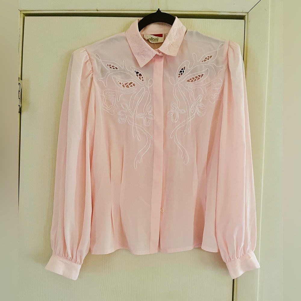 VTG Victorian Revival Embroidered Coquette Chiffon Pink Fairycore Blouse S